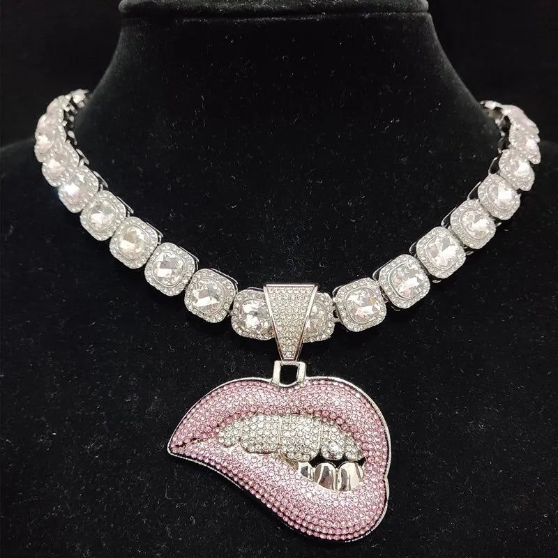 ZIDOM Bite Lip Necklace โ Rhinestone Pendant