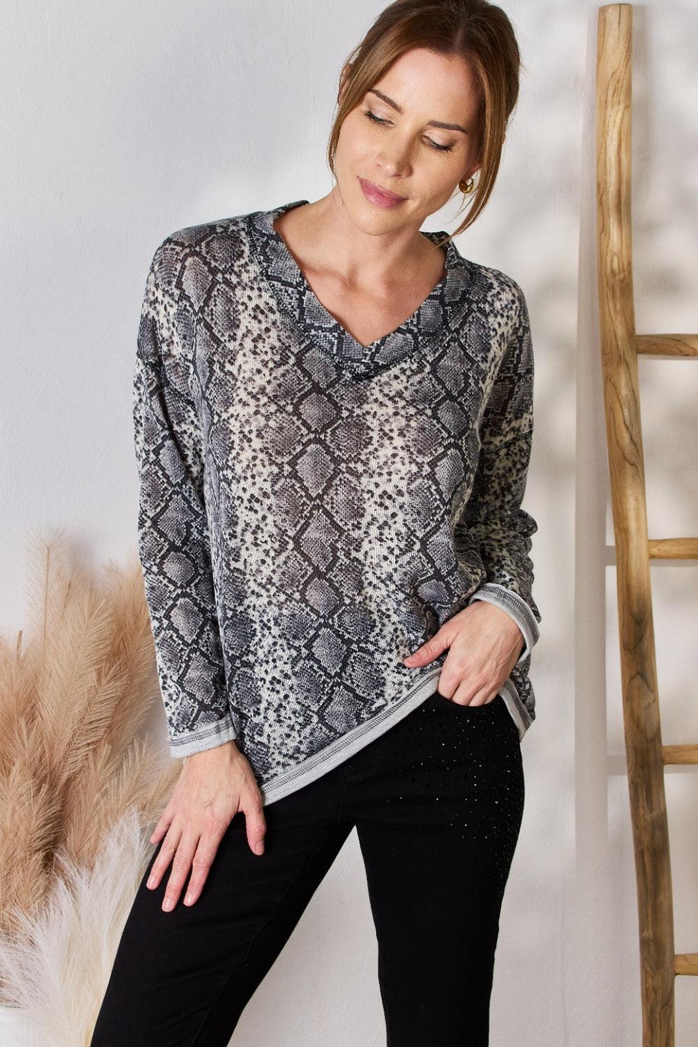 Hailey & Co Full Size Snakeskin V-Neck Long Sleeve Top Carauana Store