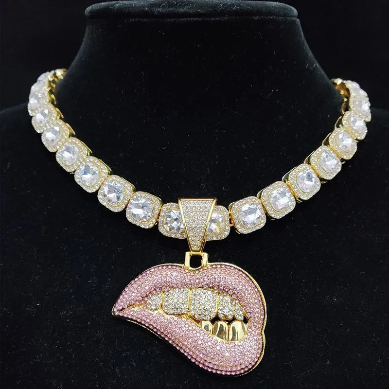 ZIDOM Bite Lip Necklace โ Rhinestone Pendant