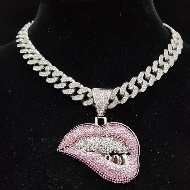 ZIDOM Bite Lip Necklace โ Rhinestone Pendant