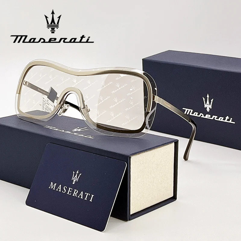 Maserati sunglasses with branded case and box on a white background