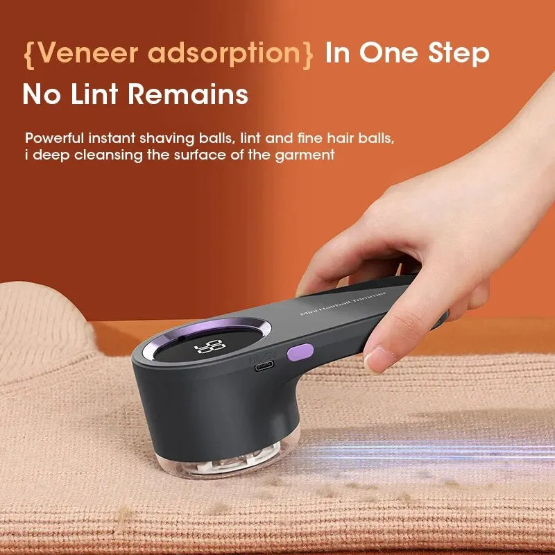 Hand using a grooming tool on fabric with text about veneer adsorption and no lint remains.