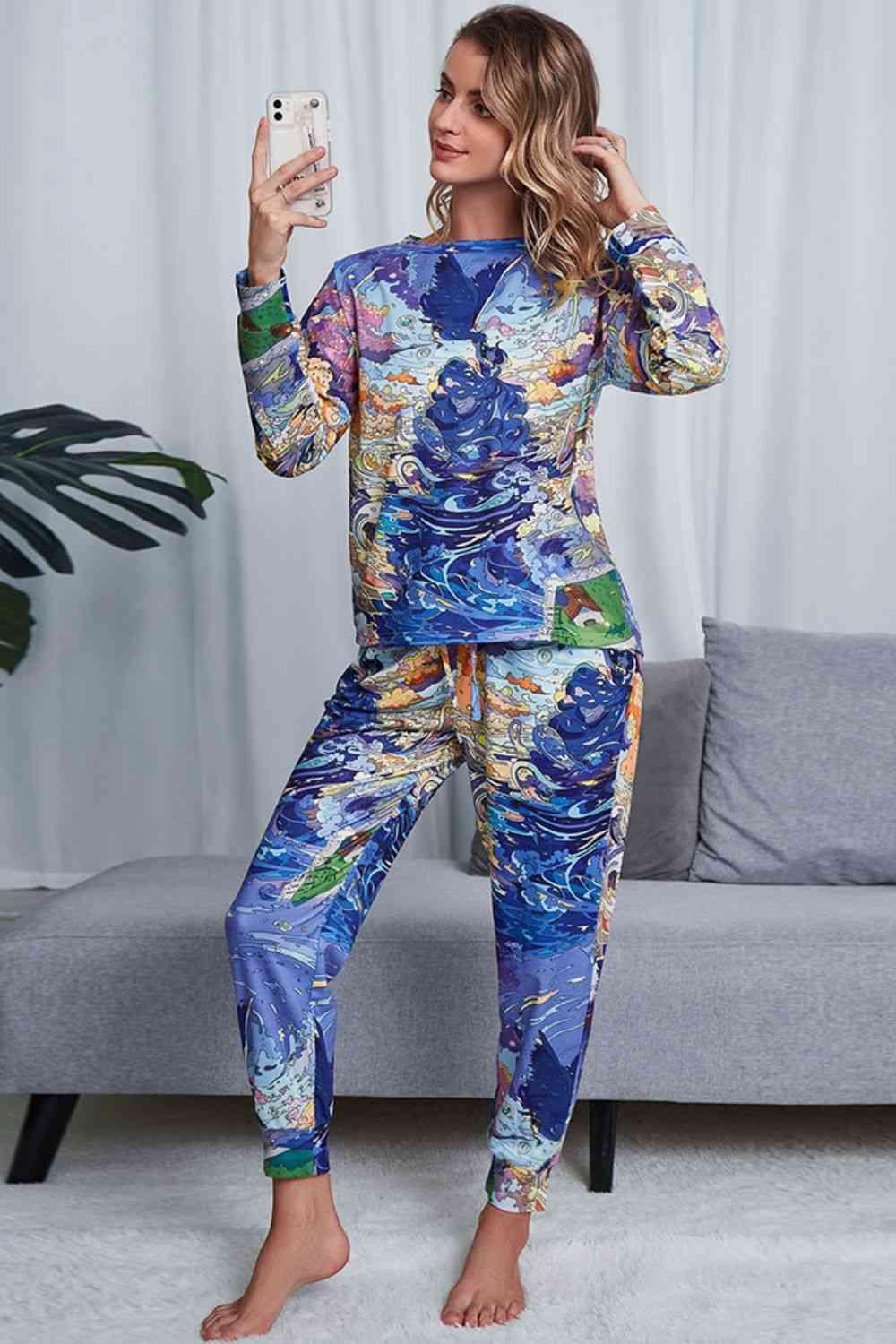 Tie-Dye Crewneck Top and Drawstring Waist Joggers Lounge Set Carauana Store