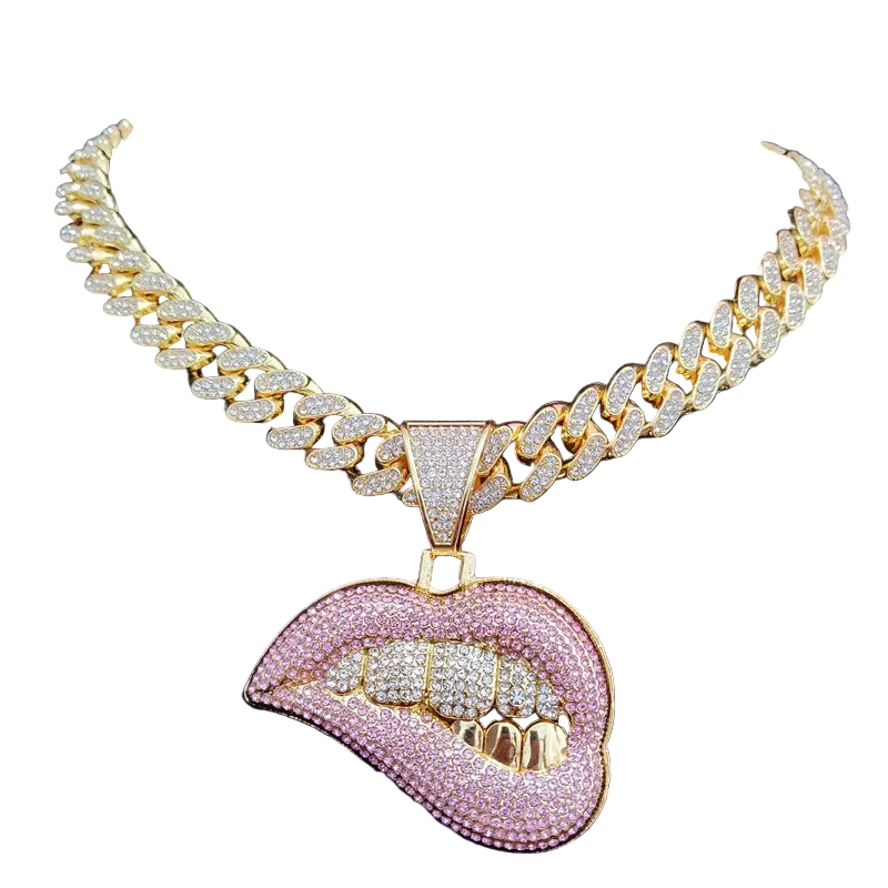 ZIDOM Bite Lip Necklace โ Rhinestone Pendant