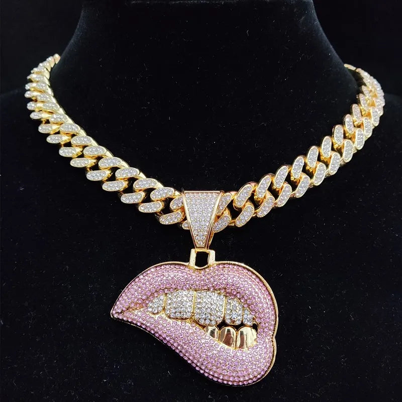 Necklace with a lip-shaped pendant on a black background