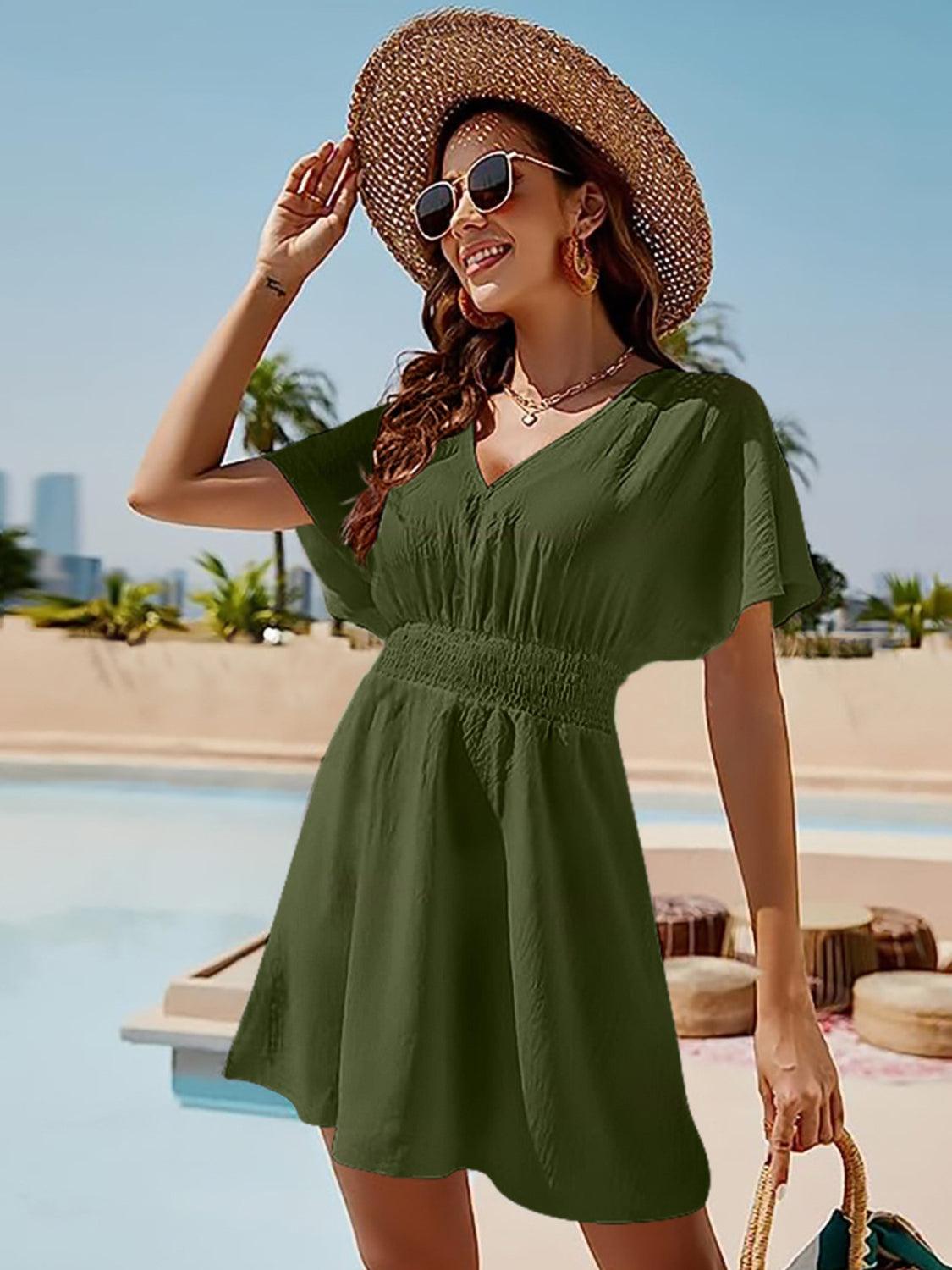 Smocked V-Neck Short Sleeve Dress Carauana Store