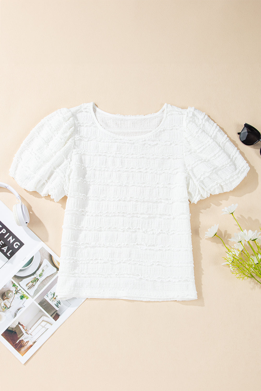 White Frilled Lace Trim Bubble Sleeve Blouse