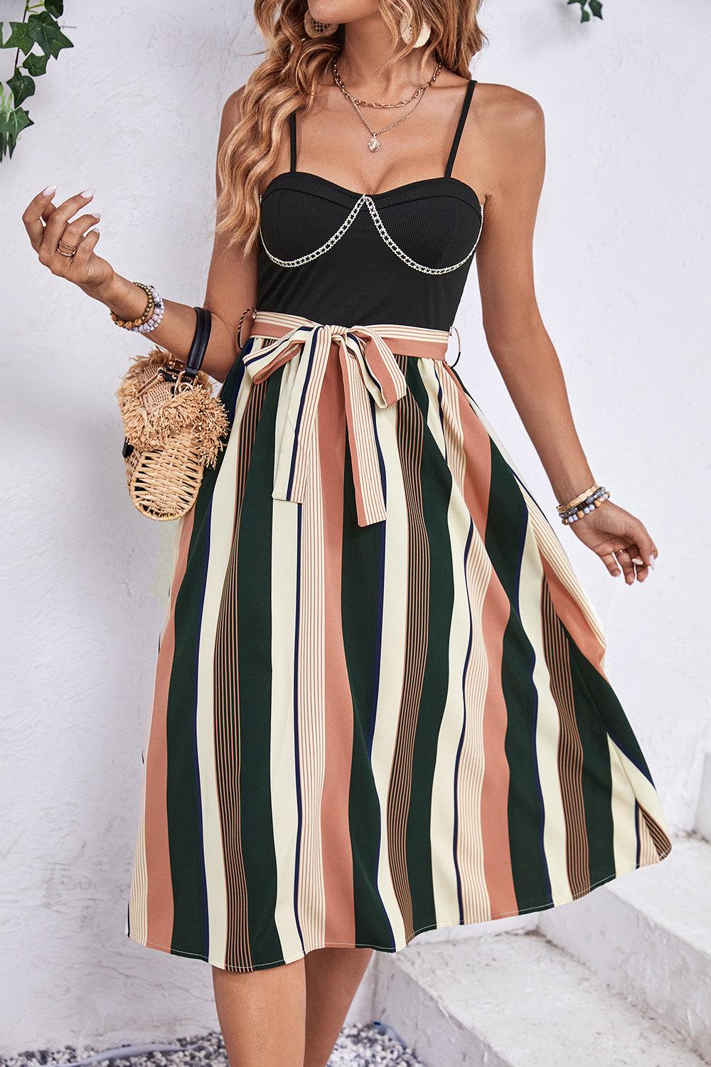 Tied Striped Spaghetti Strap Dress Carauana Store
