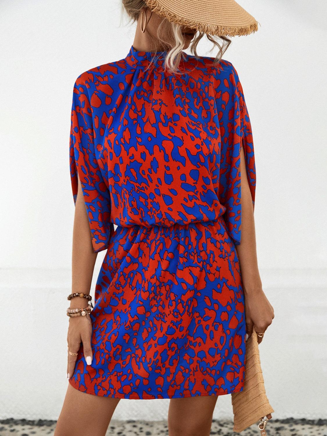 Tied Printed Mock Neck Mini Dress Carauana Store