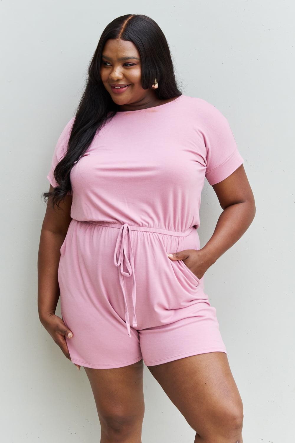 Zenana Chilled Out Full Size Short Sleeve Romper in Light Carnation Pink Carauana Store