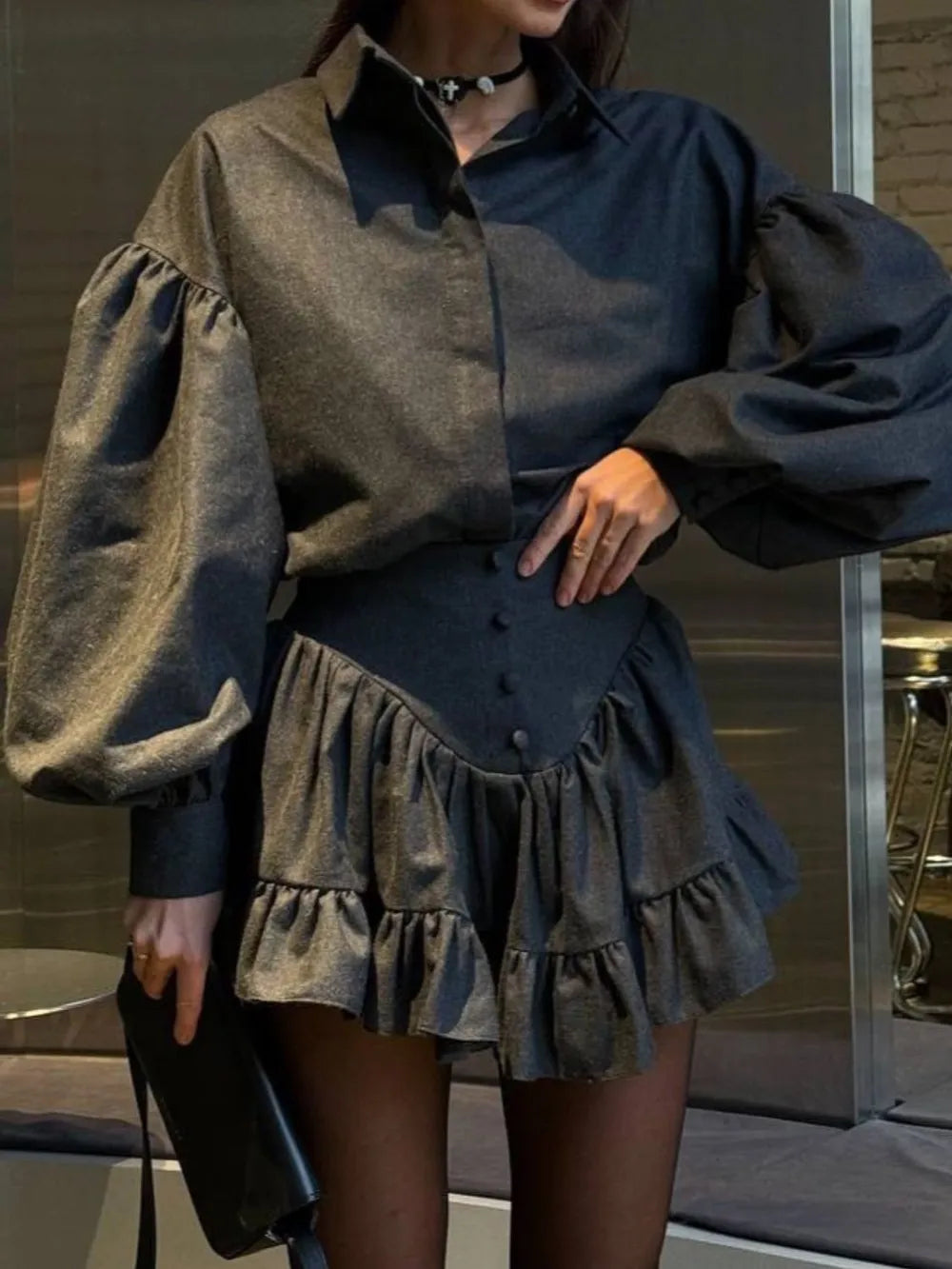Lantern Sleeve Shirt and Ruffled Skirt Set Carauana Store