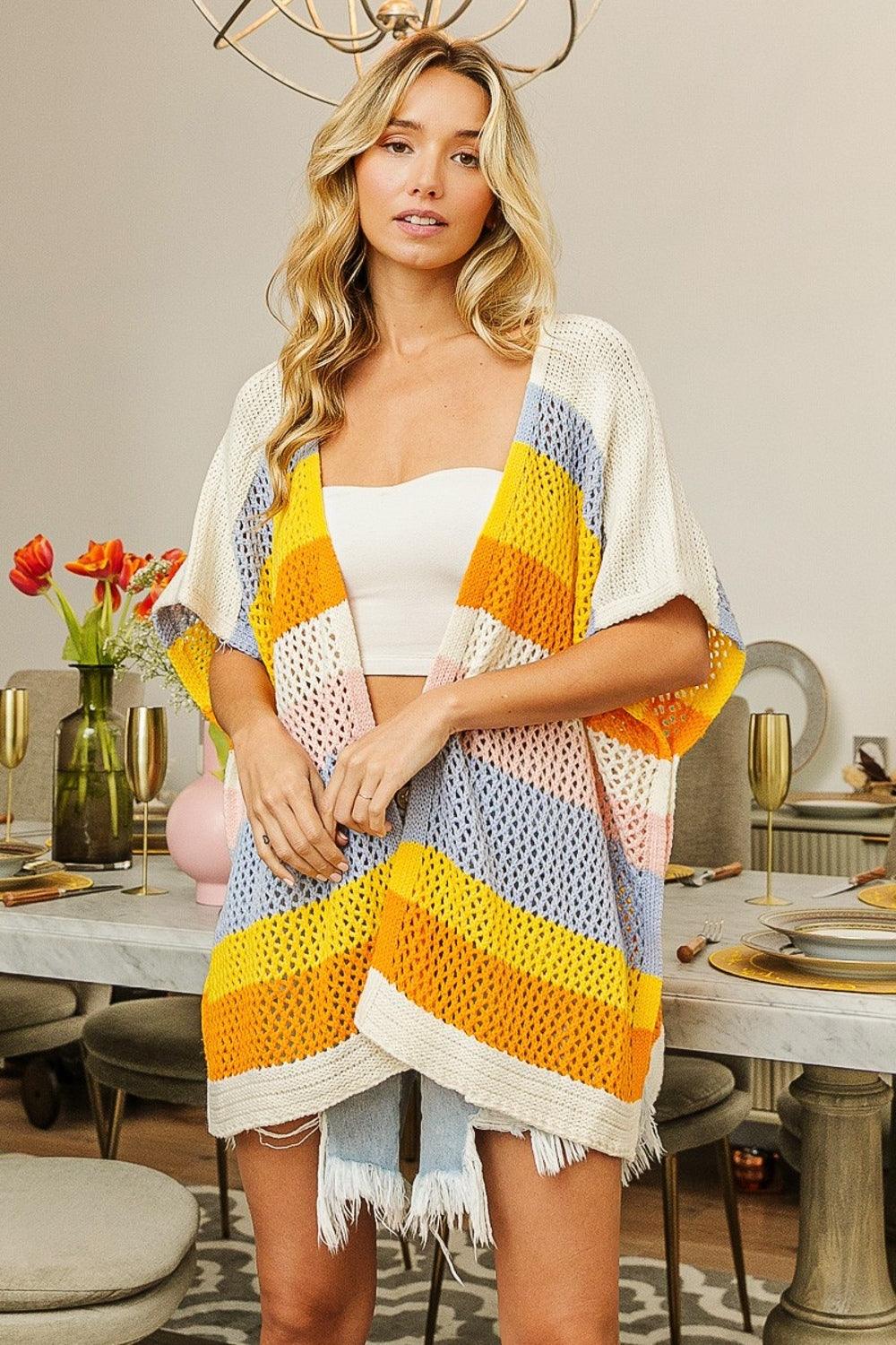 BiBi Openwork Striped Open Front Knit Cardigan Carauana Store