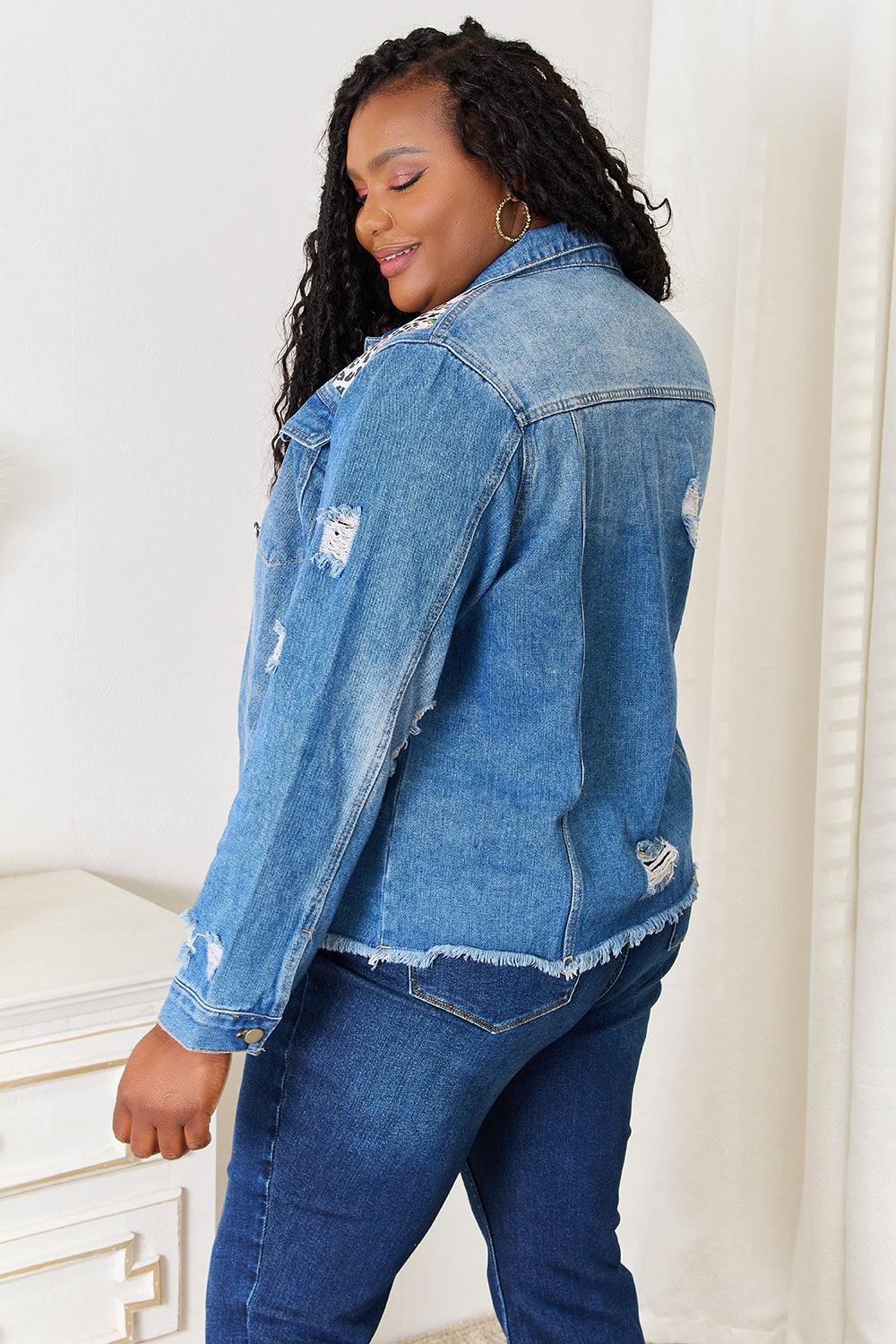 Baeful Leopard Floral Distressed Raw Hem Denim Jacket Carauana Store