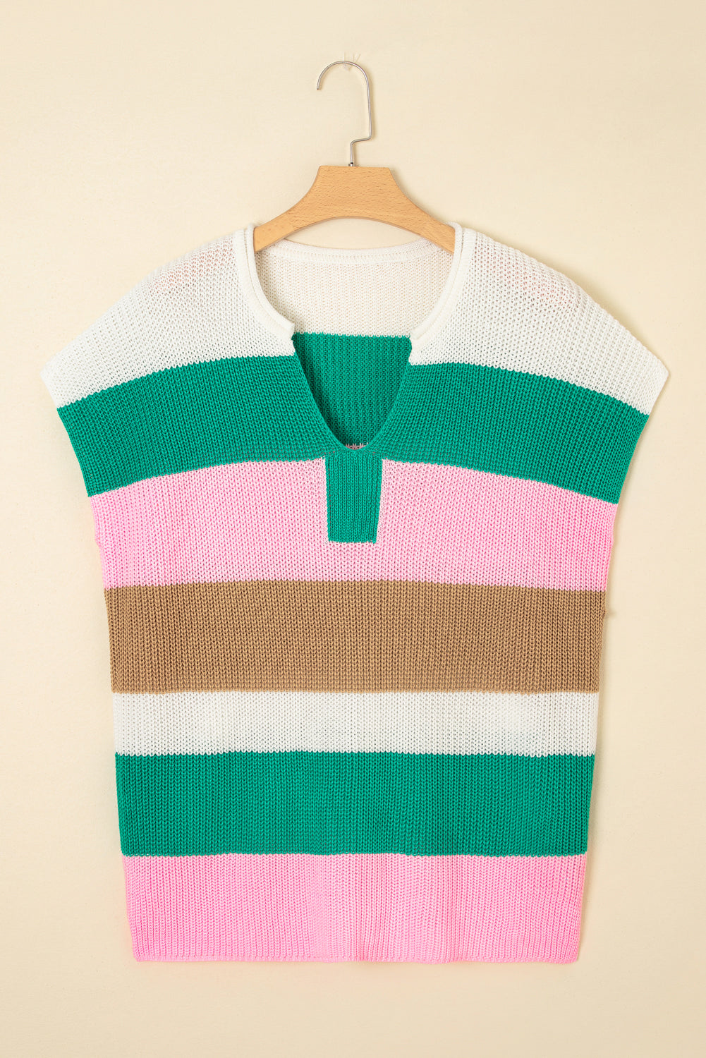 Multicolour Plus Size Striped Colorblock V Neck Short Sleeve Sweater