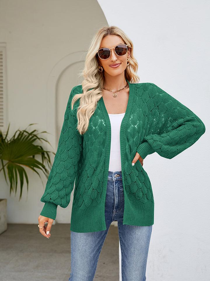 Openwork Open Front Lantern Sleeve Cardigan Carauana Store