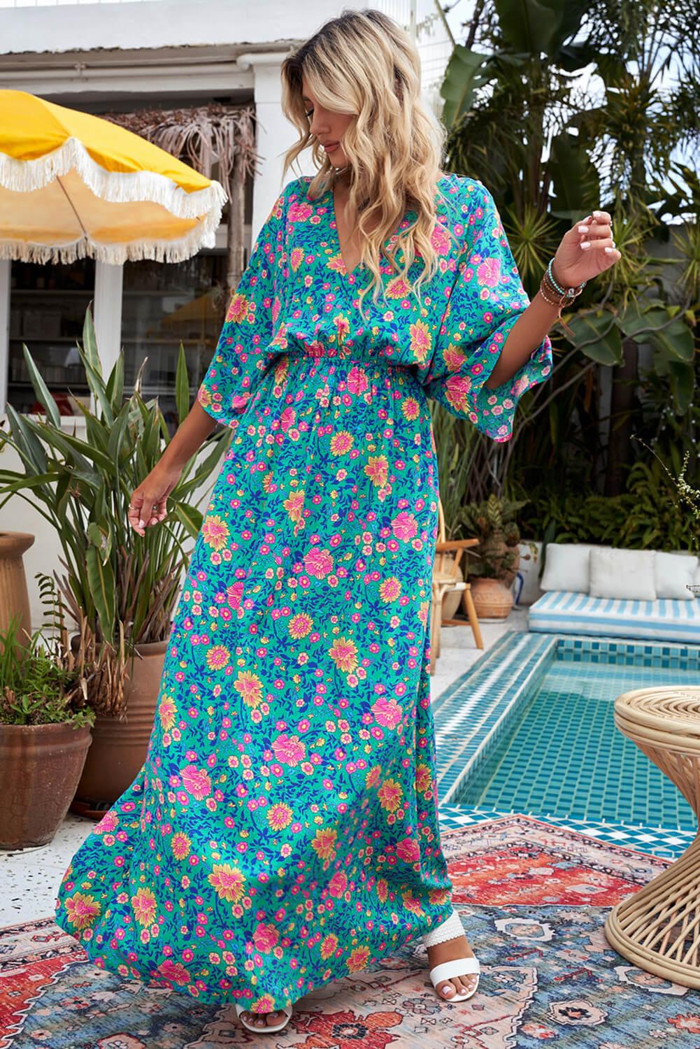 Floral Three-Quarter Sleeve V-Neck Dress Carauana Store