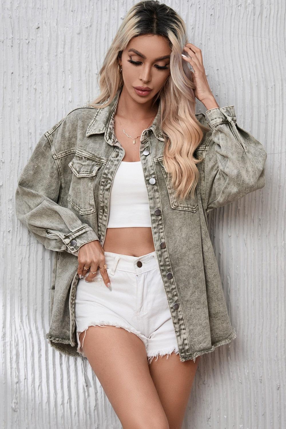 Button Up Pocketed Raw Hem Denim Jacket Carauana Store