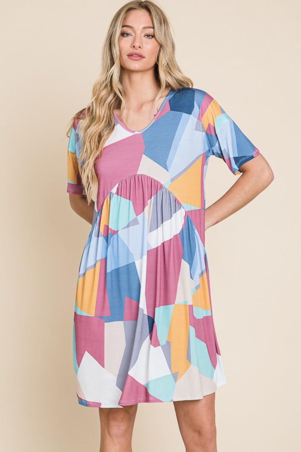 BOMBOM Ruched Color Block Short Sleeve Dress Carauana Store