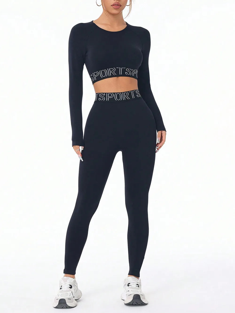 Letter Print Round Neck Long Sleeve Top and Leggings Active Set Carauana Store