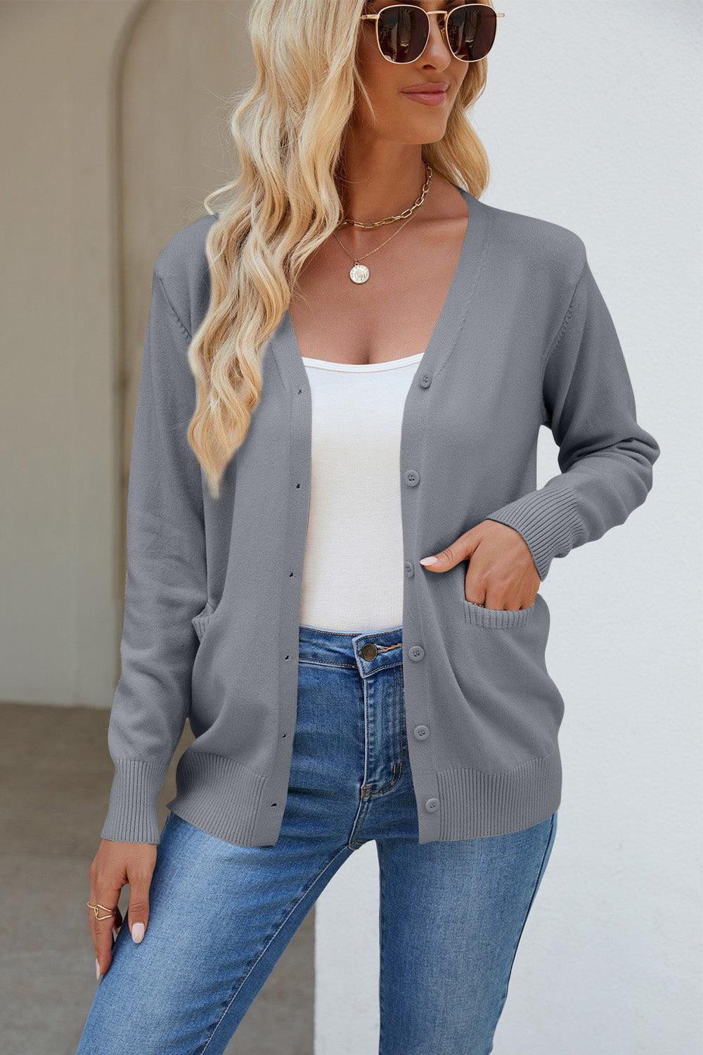 Pocketed V-Neck Button Up Long Sleeve Cardigan Carauana Store