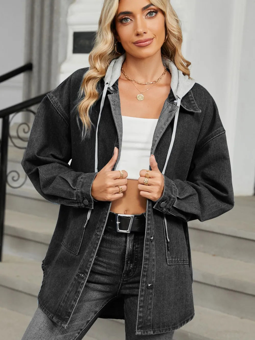 Removable Hood Button Up Long Sleeve Denim Jacket Carauana Store