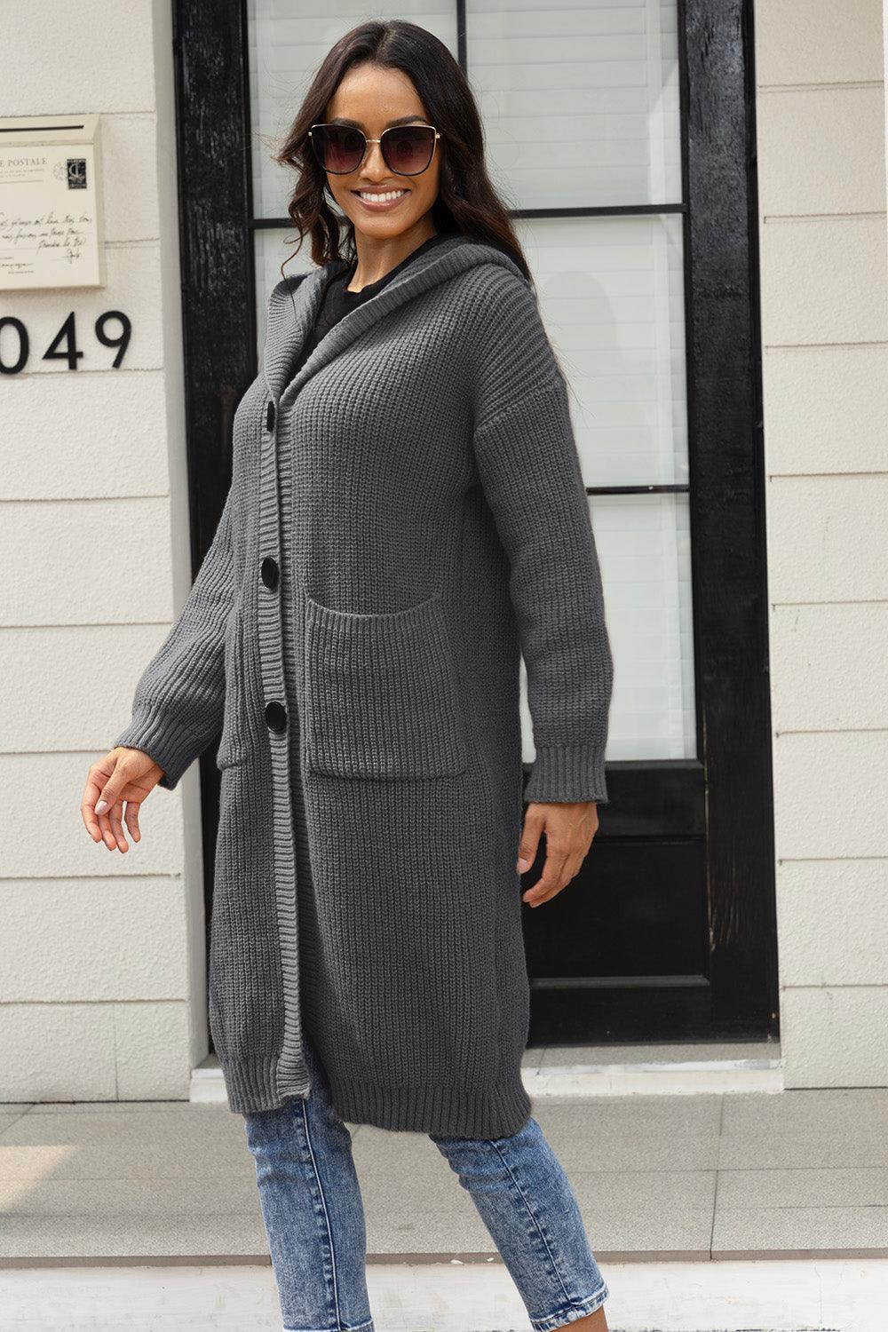 Button Up Long Sleeve Hooded Cardigan with Pockets Carauana Store