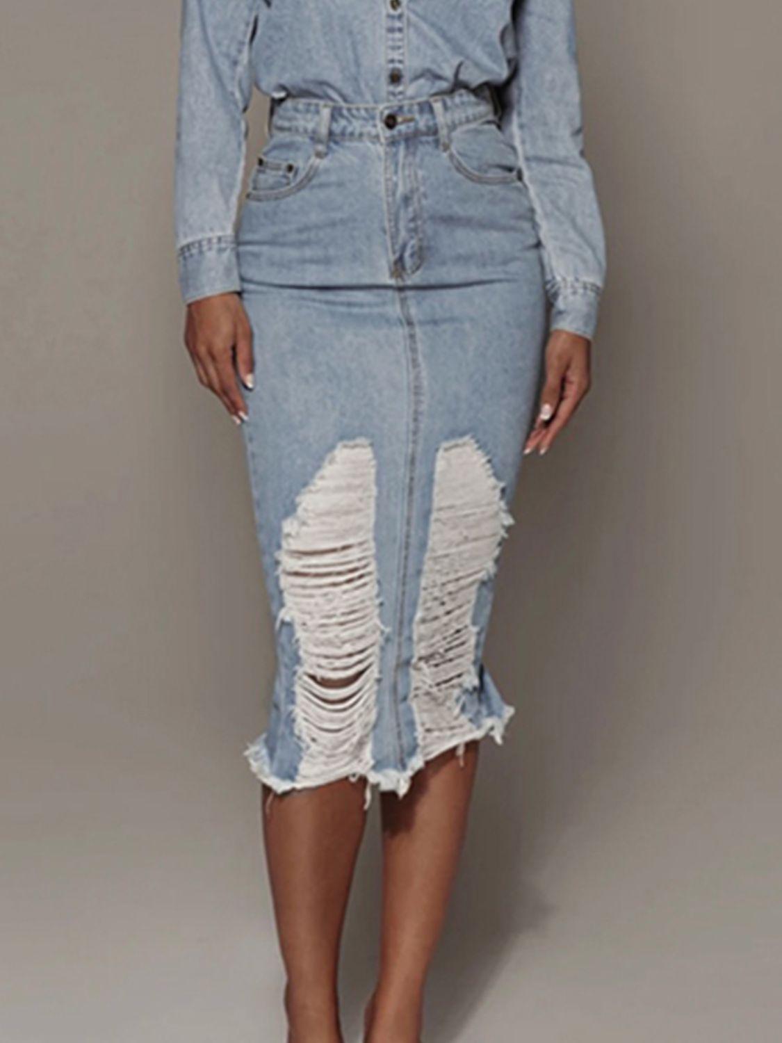 Distressed Slit Denim Skirt Carauana Store
