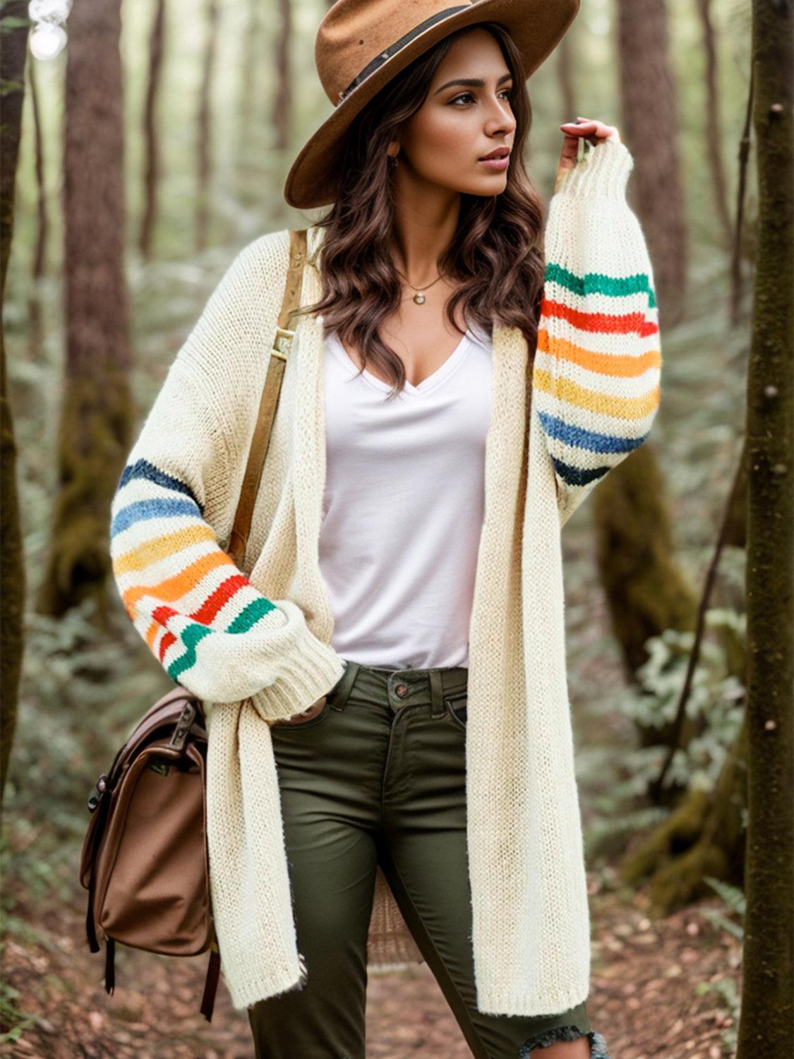 Striped Open Front Long Sleeve Cardigan Carauana Store