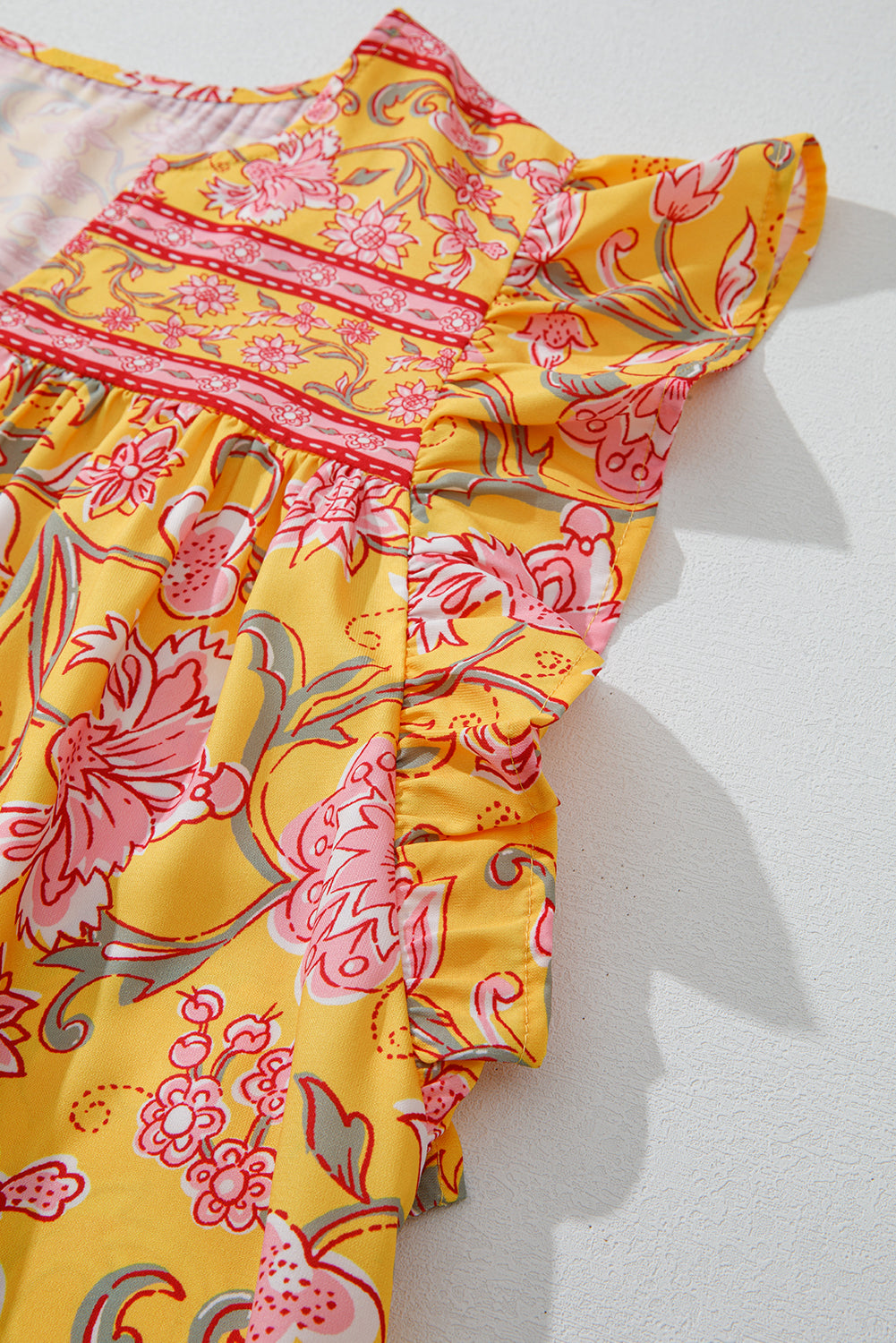 Yellow Floral Notched Neck Ruffled Sleeve Casual Blouse