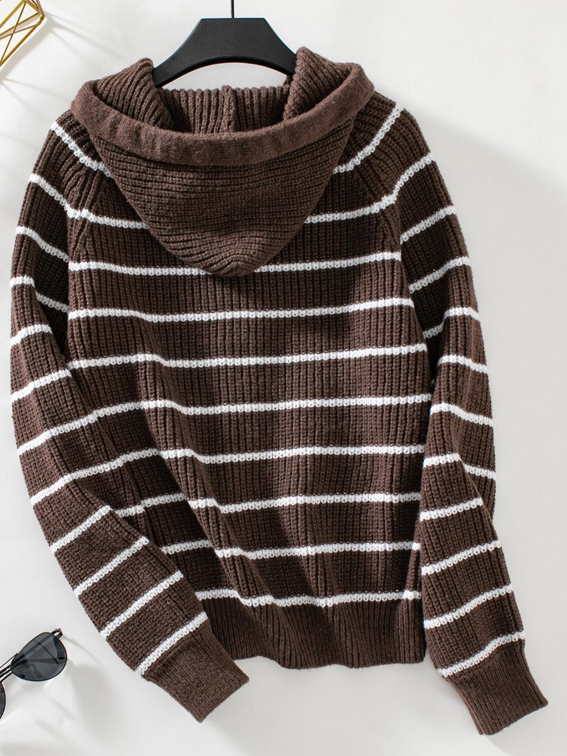 Striped Button Up Long Sleeve Hooded Cardigan Carauana Store