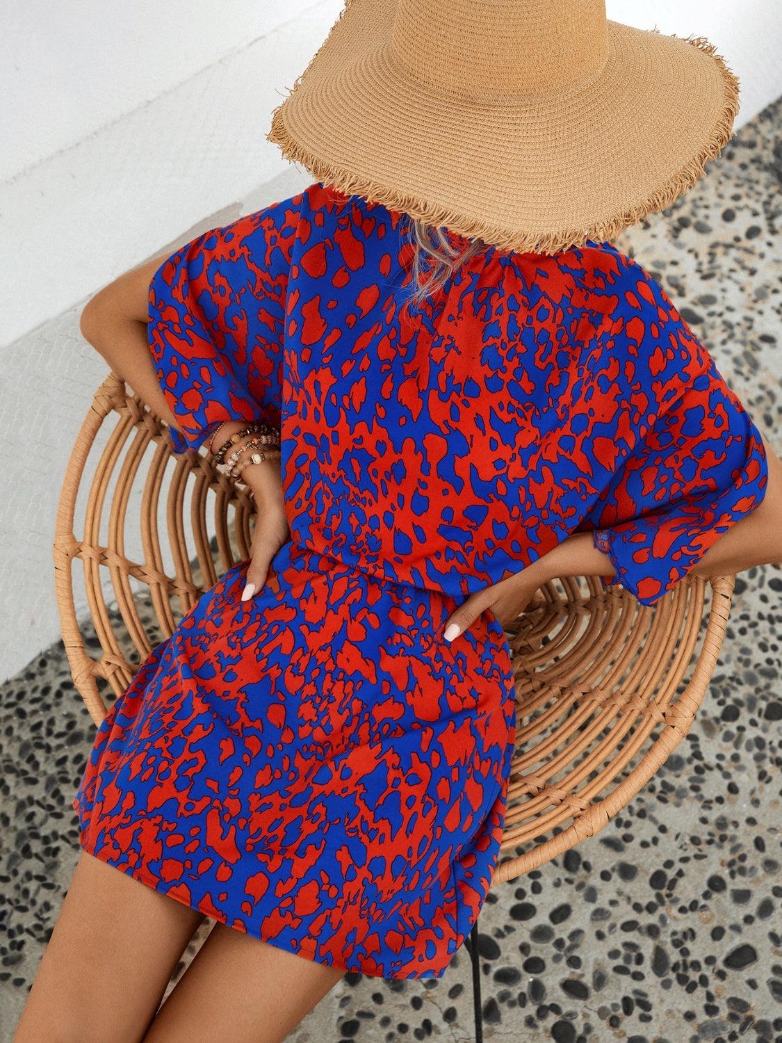 Tied Printed Mock Neck Mini Dress Carauana Store