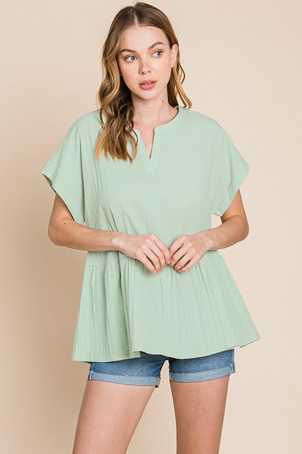 Cotton Bleu by Nu Lab Ruched Notched Short Sleeve Blouse Carauana Store