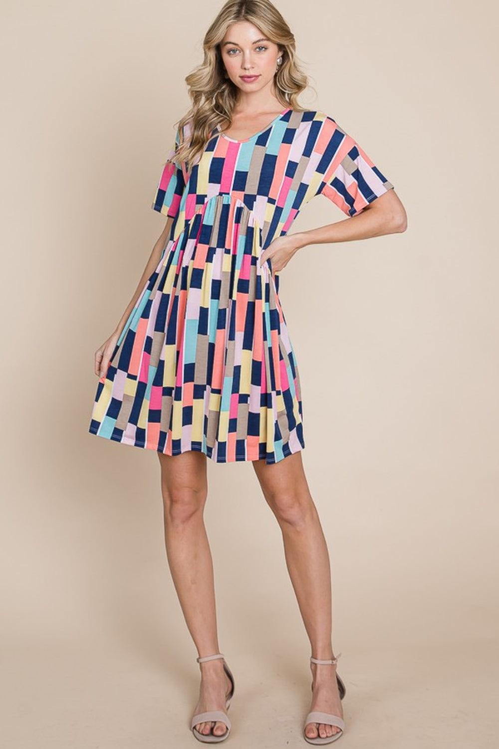 BOMBOM Ruched Color Block Short Sleeve Mini Dress Carauana Store