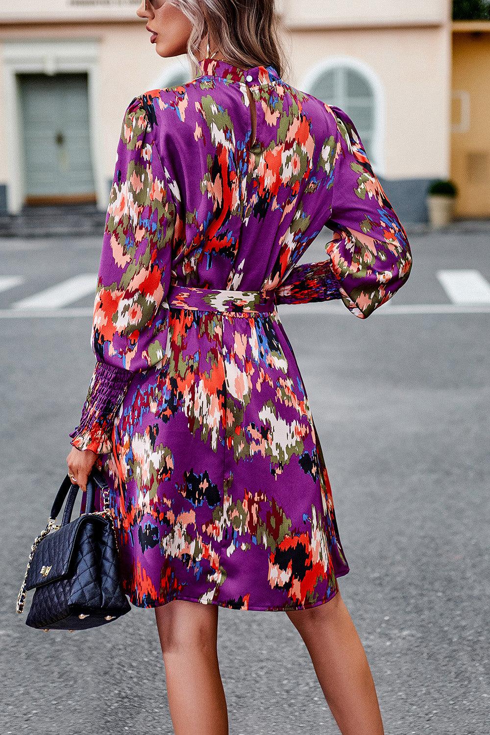 Printed Tie Waist Mock Neck Lantern Sleeve Dress Carauana Store