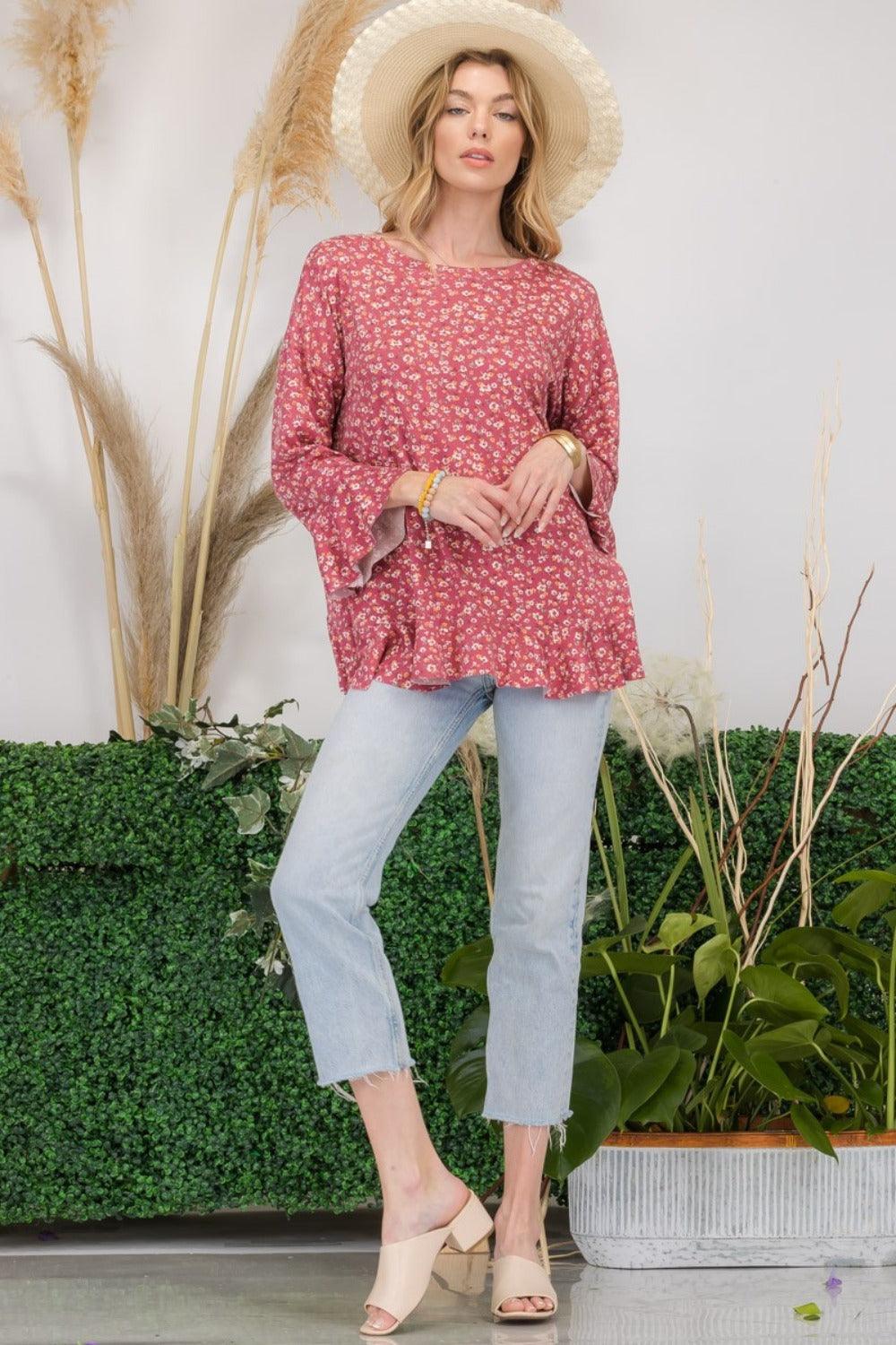 Celeste Full Size Floral Ruffle Detail Top Carauana Store
