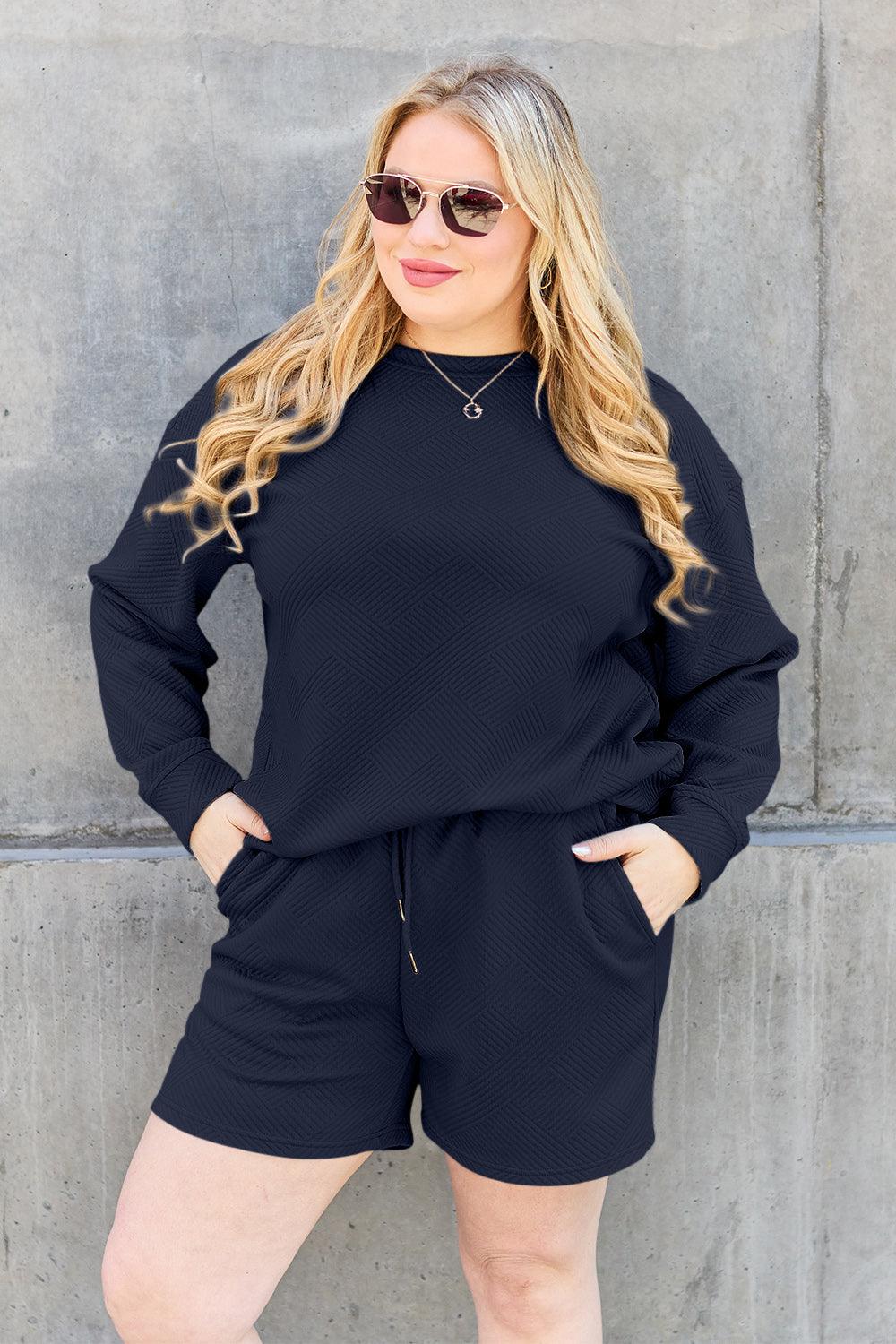 Double Take Full Size Texture Long Sleeve Top and Drawstring Shorts Set Carauana Store
