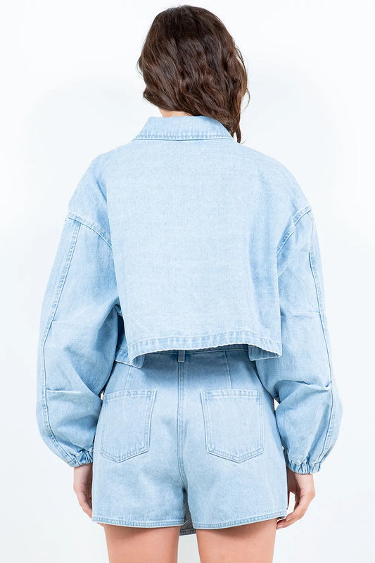 American Bazi Drawstring Waist Crop Denim Jacket Carauana Store