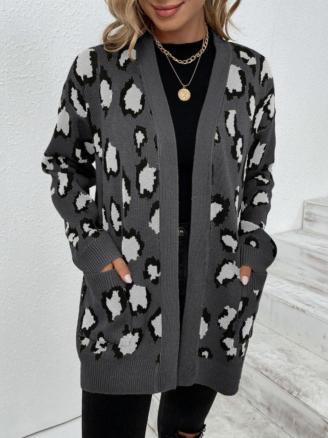Leopard Open Front Dropped Shoulder Cardigan Carauana Store