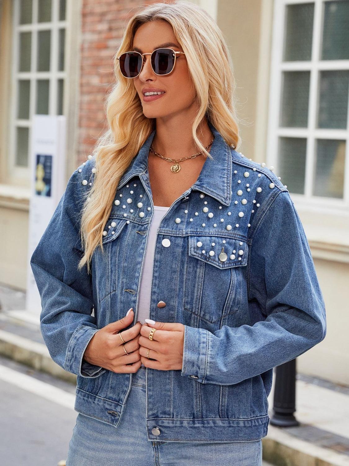 Pearl Detail Collared Neck Long Sleeve Denim Jacket Carauana Store