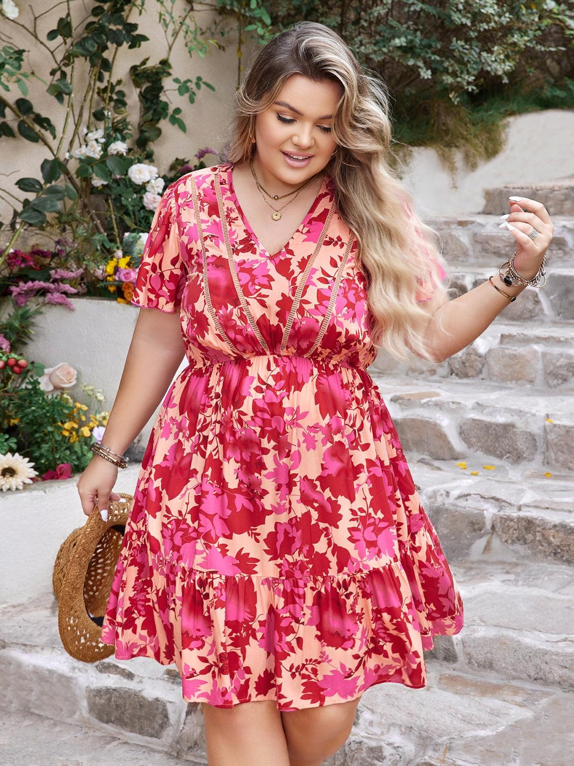 Plus Size Printed V-Neck Flutter Sleeve Dress Carauana Store