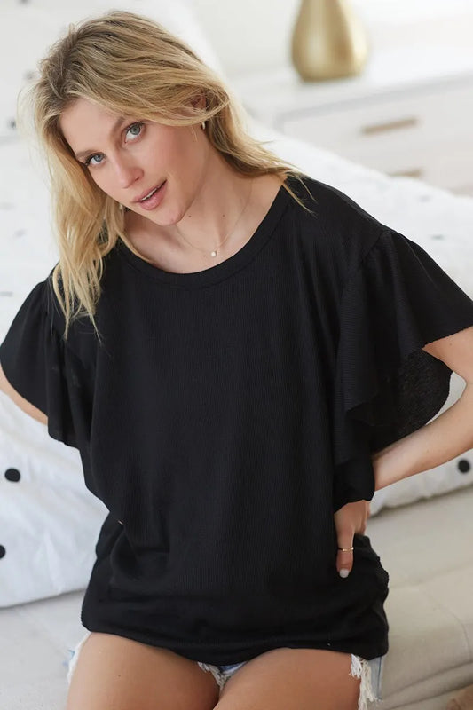 BiBi Thermal Knit with Ruffled Sleeve Top Carauana Store