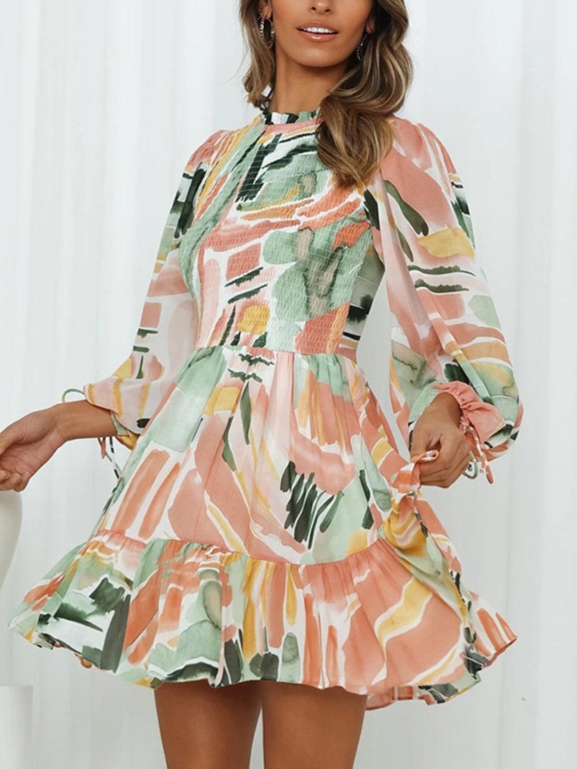 Printed Mock Neck Balloon Sleeve Mini Dress Carauana Store