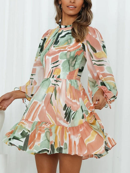 Printed Mock Neck Balloon Sleeve Mini Dress Carauana Store
