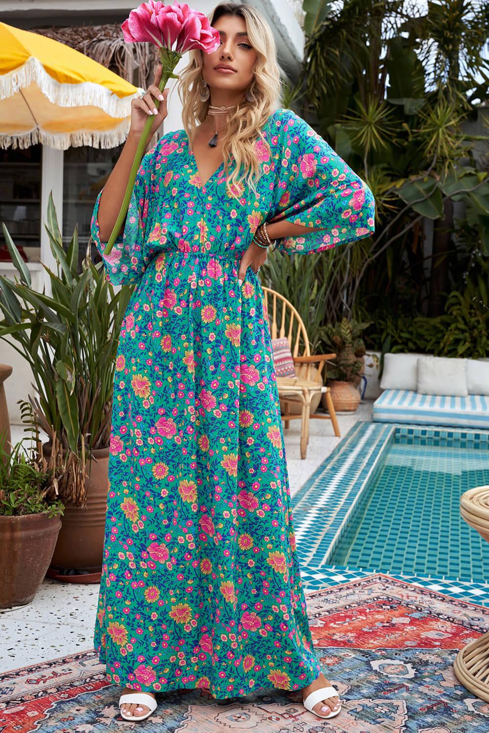 Floral Three-Quarter Sleeve V-Neck Dress Carauana Store