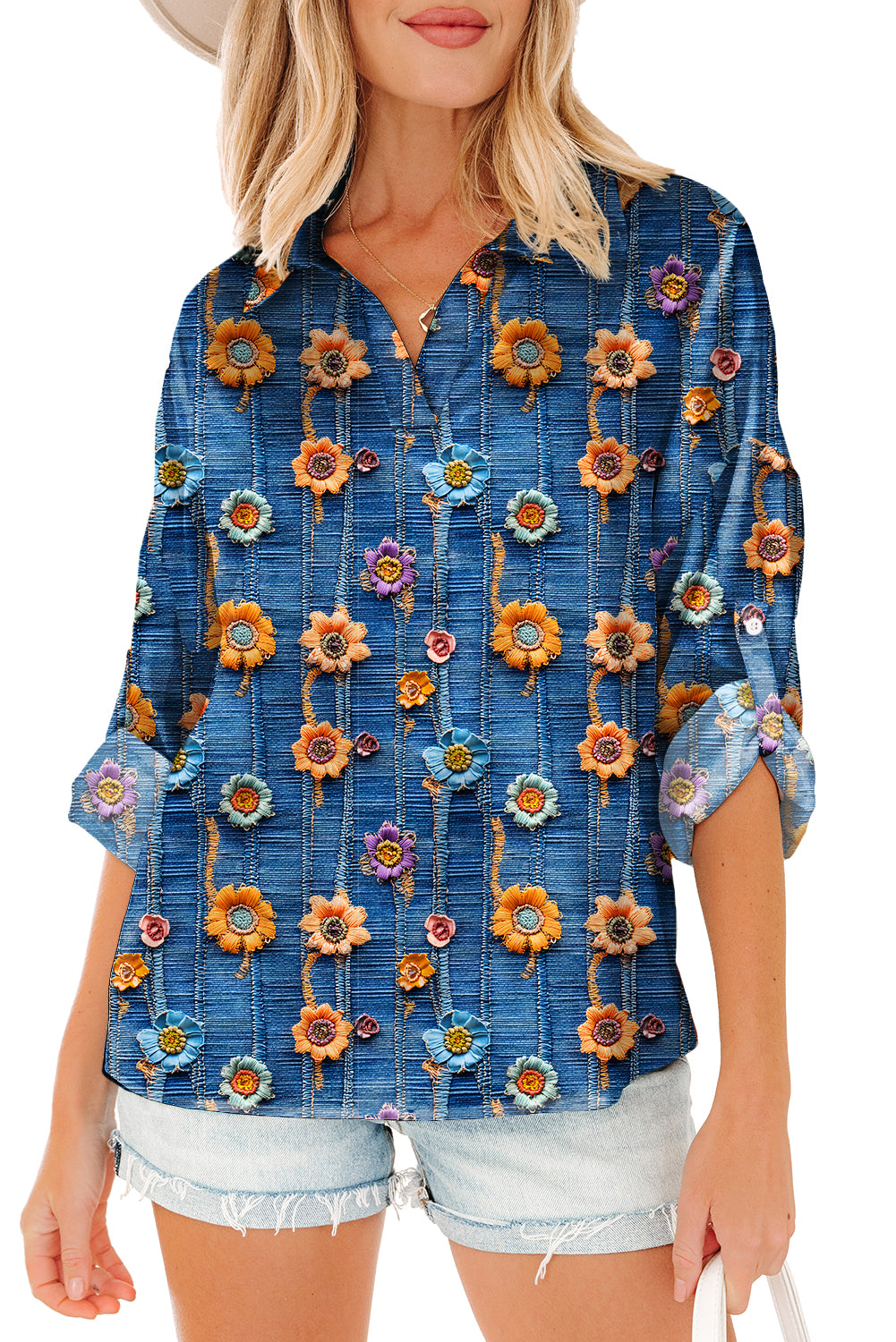 Blue Floral Collared V Neck Roll up Sleeve Shift Blouse