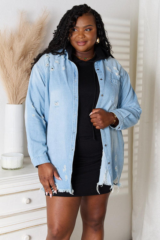 RISEN Full Size Distressed Raw Hem Denim Jacket Carauana Store