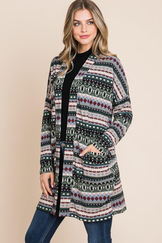 BOMBOM Geometric Open Front Long Sleeve Cardigan with Pockets Carauana Store