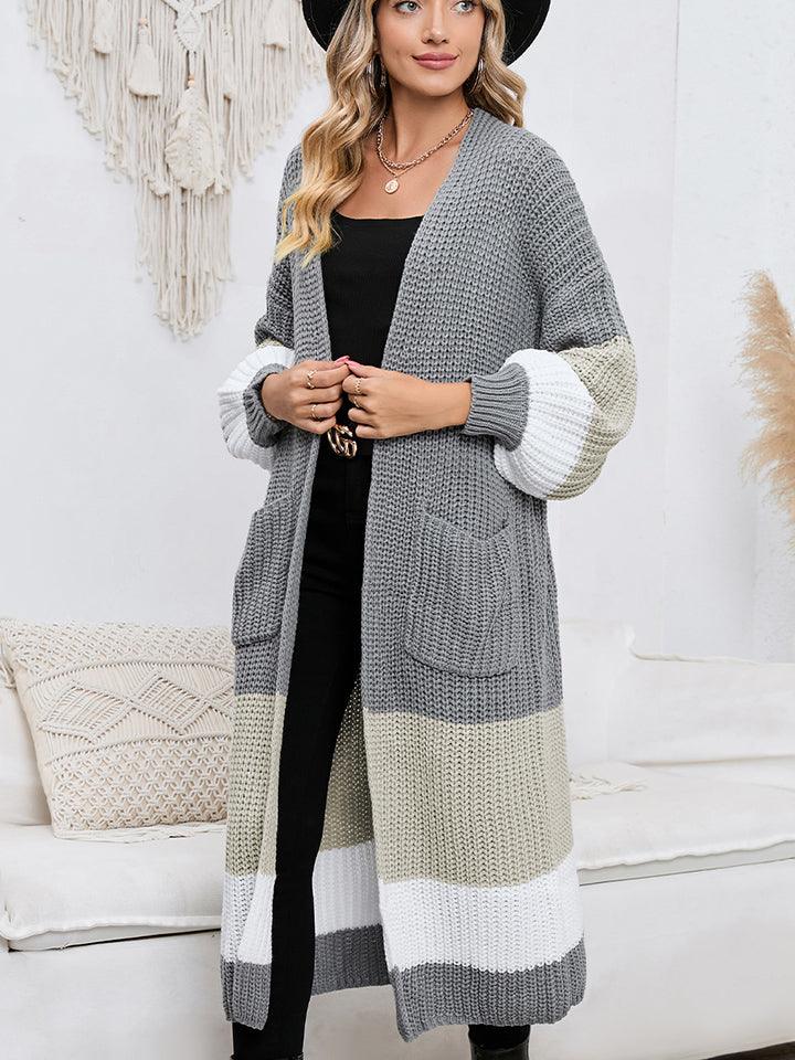 Color Block Long Sleeve Pocketed Cardigan Carauana Store