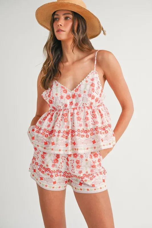 MABLE Floral Printed Peplum Top and Shorts Set