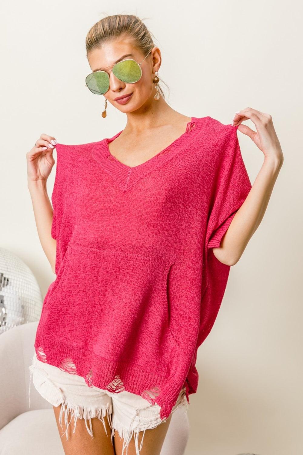 BiBi Distressed Hem V-Neck Slit Sweater Carauana Store